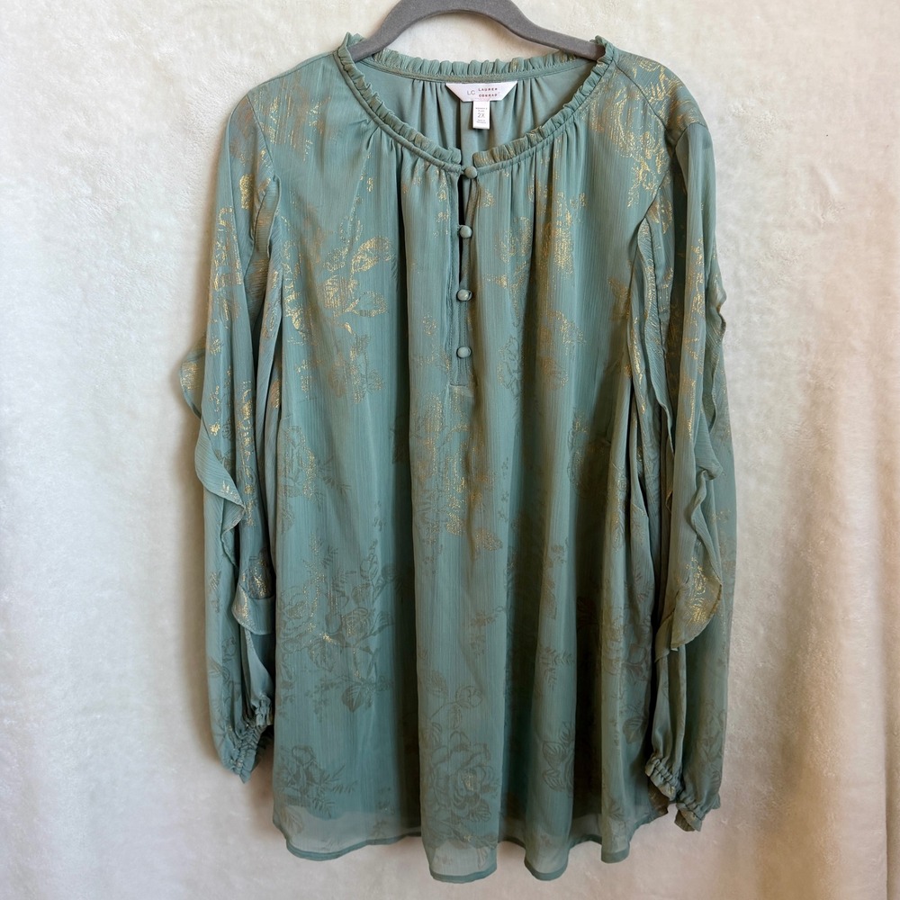 LC Lauren Conrad Sage Green Metallic Floral Ruffle Sleeve Top Womens 2X Plus